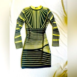 Yellow black body con dress, boho geometric design, stretchy, high neck, stretch